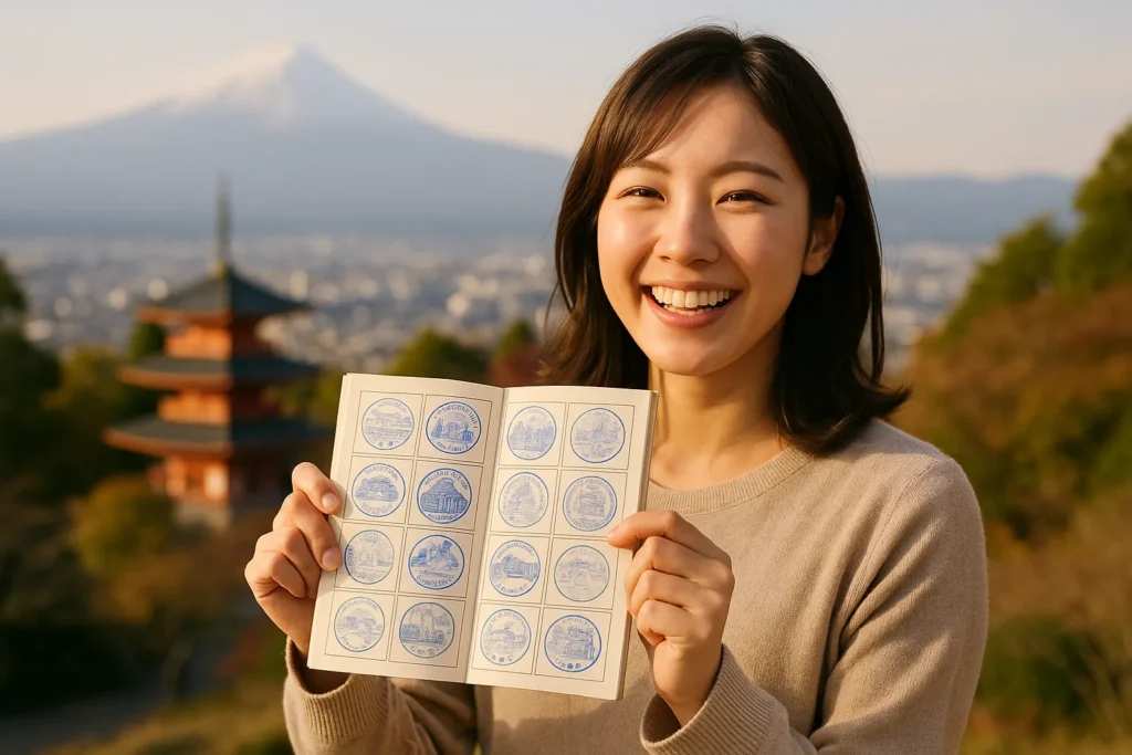スタンプラリーの全スタンプを集め終え、満足げにスタンプ帳を掲げる女性。