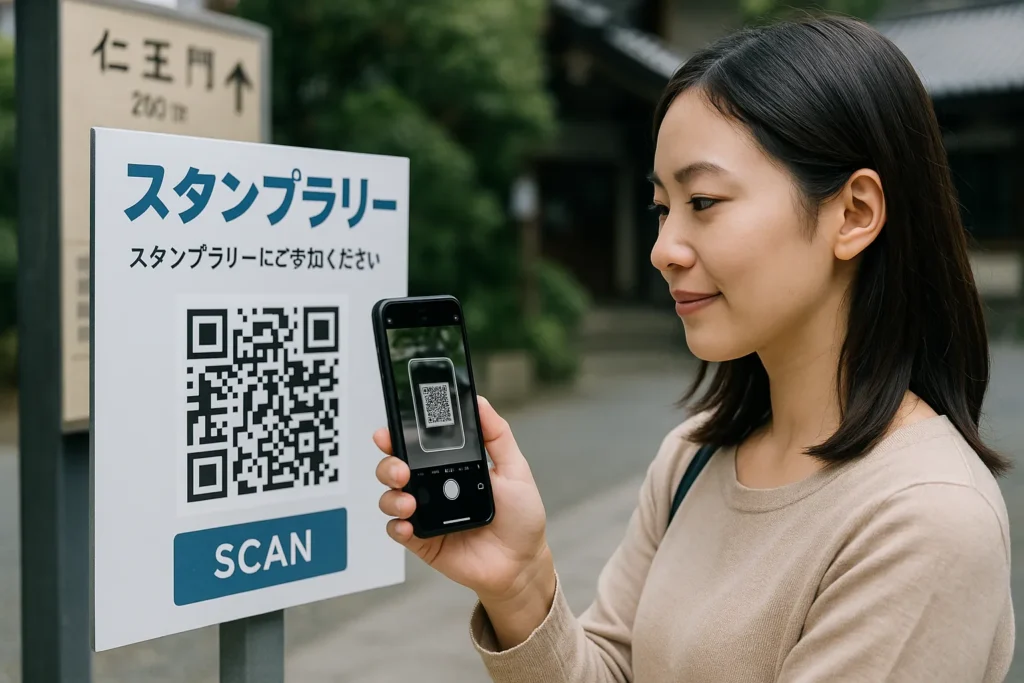 スタンプラリーのQRコードをスマホで読み取り、デジタルスタンプラリーに参加する女性。