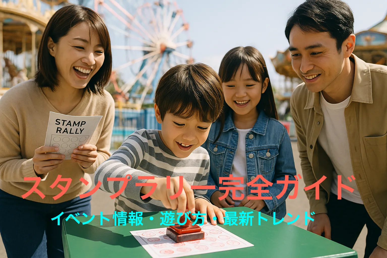 遊園地で家族連れ（父、母、小学生の男児、女児）が紙のスタンプラリーに参加して、男児がスタンプ台で紙のスタンプカードにスタンピを押している。それを家族が笑顔で見守っている様子。