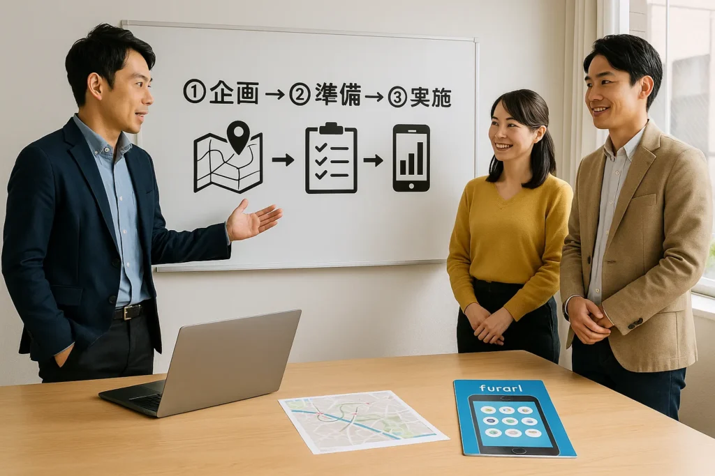 デジタルスタンプラリーを成功させるためには、計画段階から運営、イベント後の評価まで、詳細なプロセス管理が不可欠です。適切なステップを踏むことで、参加者の満足度を高め、次回イベントへの期待を高めることができます。
