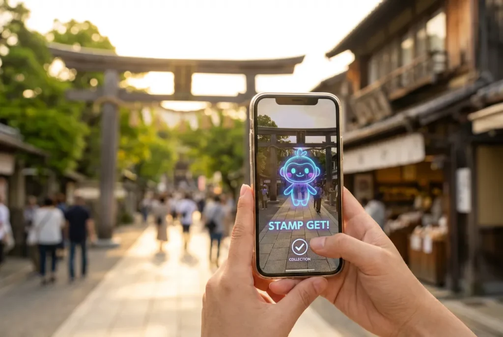 ARスタンプラリーでスマートフォンを使いデジタルスタンプを取得する様子。画面にはARキャラクターと「STAMP GET!」の表示、背景には鳥居と日本の伝統的な街並み