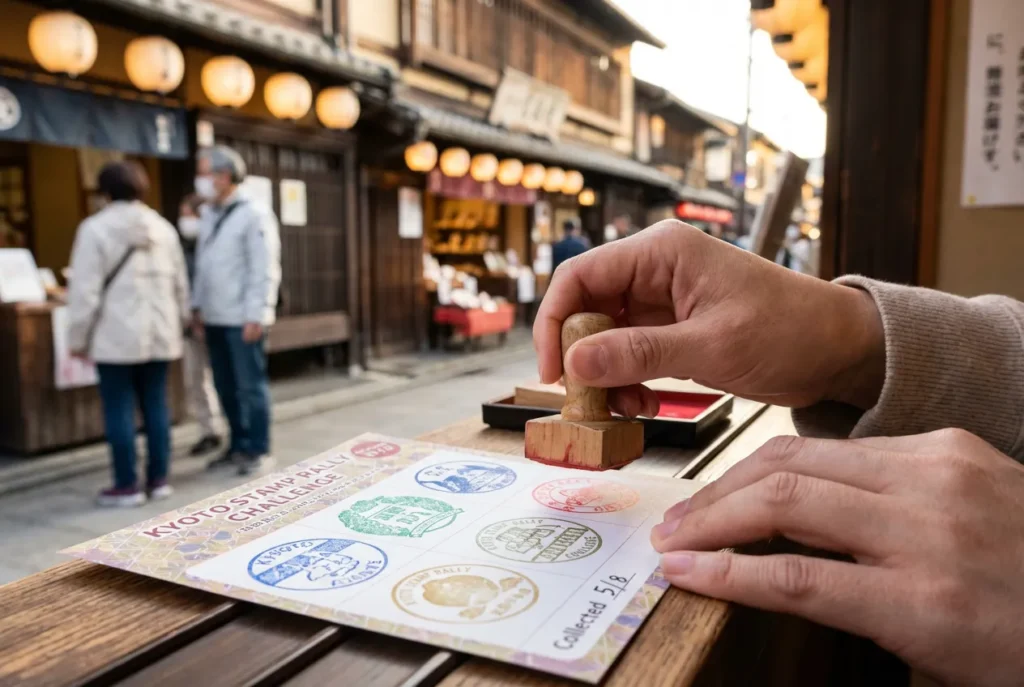 京都の伝統的な街並みで紙のスタンプ台紙にスタンプを押す参加者。提灯や木造建築が並ぶ風情ある通りでスタンプラリーを楽しむ様子