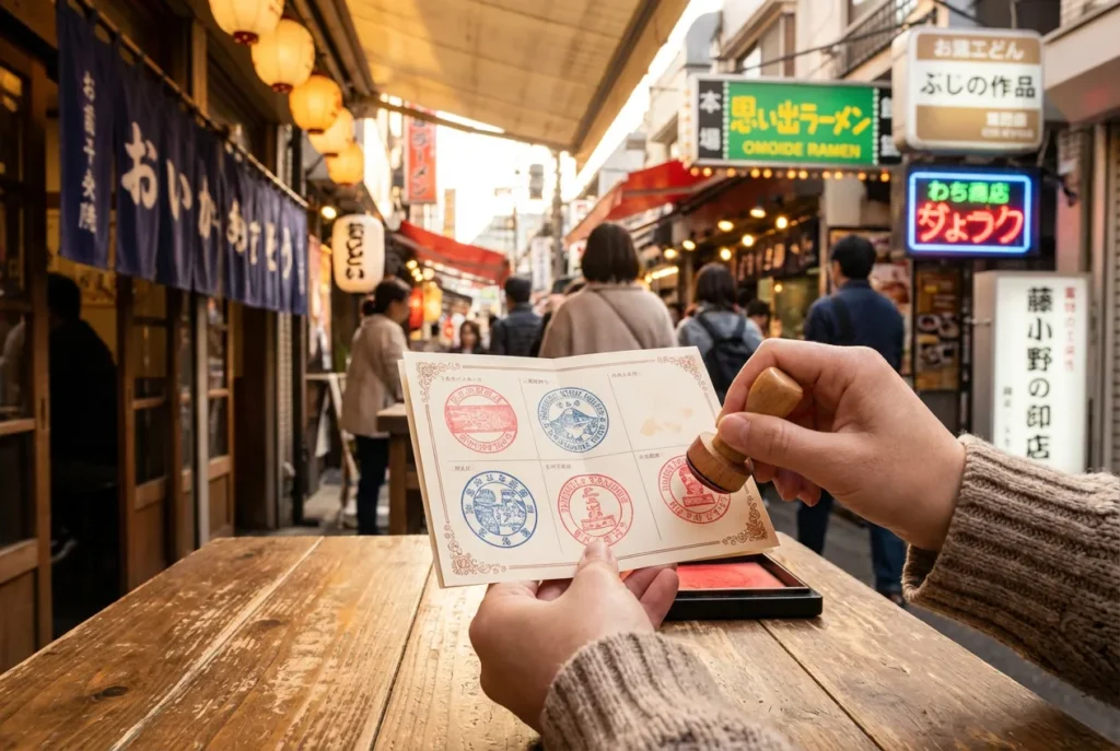 ネオンサインが輝く賑やかな商店街でスタンプカードにスタンプを押す様子。都市型スタンプラリーで複数のスタンプを集める参加者の手元
