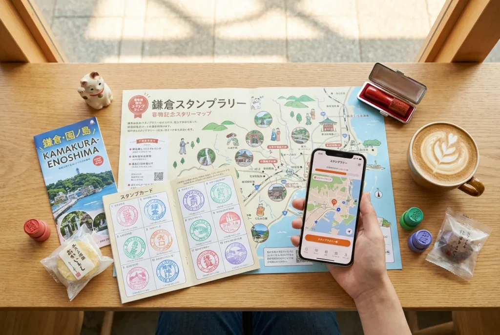 スタンプラリーの旅を振り返るまとめイメージ。木製テーブルに鎌倉スタンプラリーの地図、全スタンプを集めた台紙、スマートフォンの地図アプリ、朱肉とスタンプ、地域のお土産スナック、招き猫の置物、カフェラテが並び、充実した体験の軌跡を表現