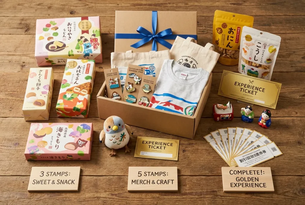 スタンプラリーの景品・特典コレクション。地域の銘菓、限定グッズ、オリジナルTシャツ、ピンバッジ、体験チケットなど多彩な報酬が木製テーブルに並び、参加者の収集意欲を高める魅力的なディスプレイ