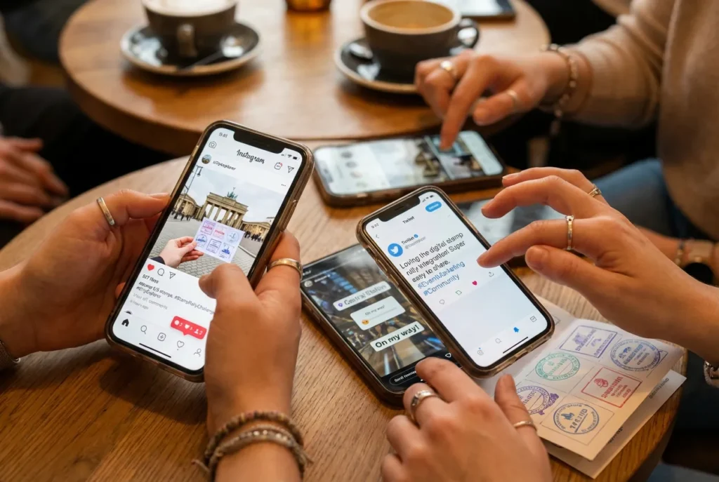 カフェでスマートフォンを使いスタンプラリー体験をSNSに投稿する参加者たち。InstagramやTwitterの画面に観光スポットの写真やハッシュタグが表示され、デジタルスタンプラリーの拡散効果を示す