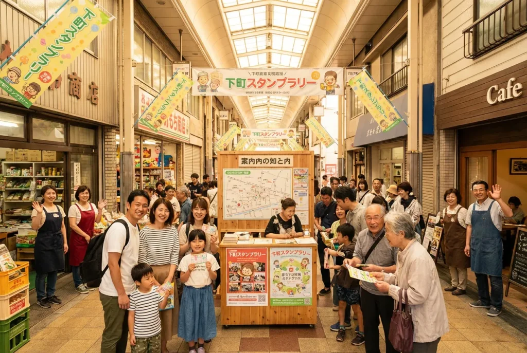 商店街で開催されたスタンプラリーイベントの成功事例。アーケード内にイベントバナーや看板が掲げられ、家族連れや地域住民が賑やかに参加。店舗スタッフと来場者の交流が生まれ、地域活性化と回遊促進を実現した様子