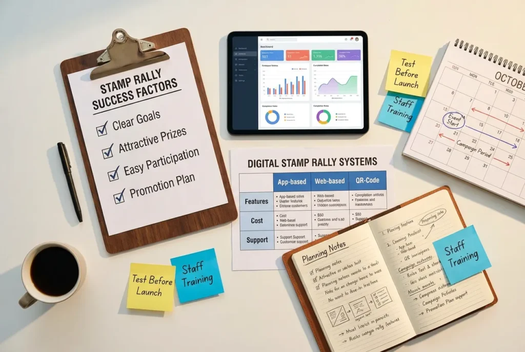 スタンプラリー成功のポイントを示す企画デスク。成功要因チェックリスト（明確な目標、魅力的な景品、参加しやすさ、集客計画）、デジタルスタンプラリーシステム比較表、分析ダッシュボード、キャンペーン期間カレンダー、「事前テスト」「スタッフ研修」のメモが並ぶ
