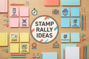 スタンプラリーのテーマ・コンセプト設定を行うワークスペース。GPS CHECK-IN、DIGITAL STAMPS、LOCAL DISCOVERY、SNS CAMPAIGNなど多様なアイデアが書かれたカラフルな付箋とオフィス用品