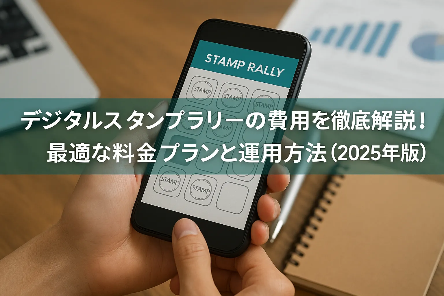 スマートフォンでスタンプを集める男女が地図アプリを見ながら観光地を巡る様子。デジタルスタンプラリーの費用や料金プランをわかりやすく解説する2025年版ガイド記事のアイキャッチ画像。
