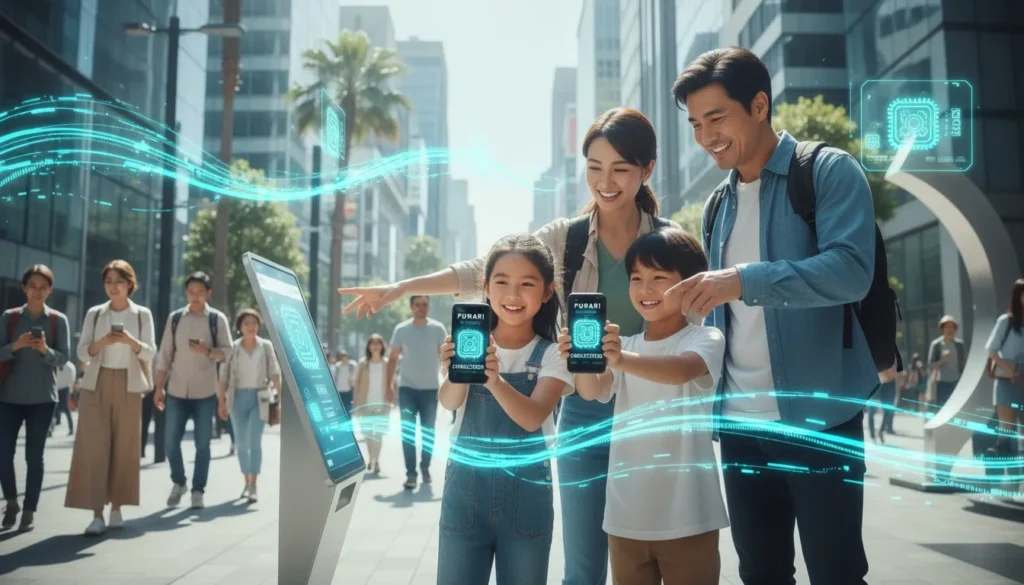 furariのAIレポートを活用したデータに基づく改善策のイメージ（家族がデジタルスタンプラリーを楽しみながらAIによる最適化が行われる様子を表現