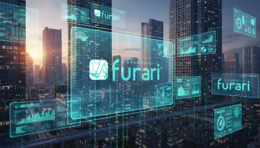 進化し続けるfurariのAI分析レポート機能を象徴したイメージ（未来都市を背景に、データ可視化とプラットフォームの拡張を表現）