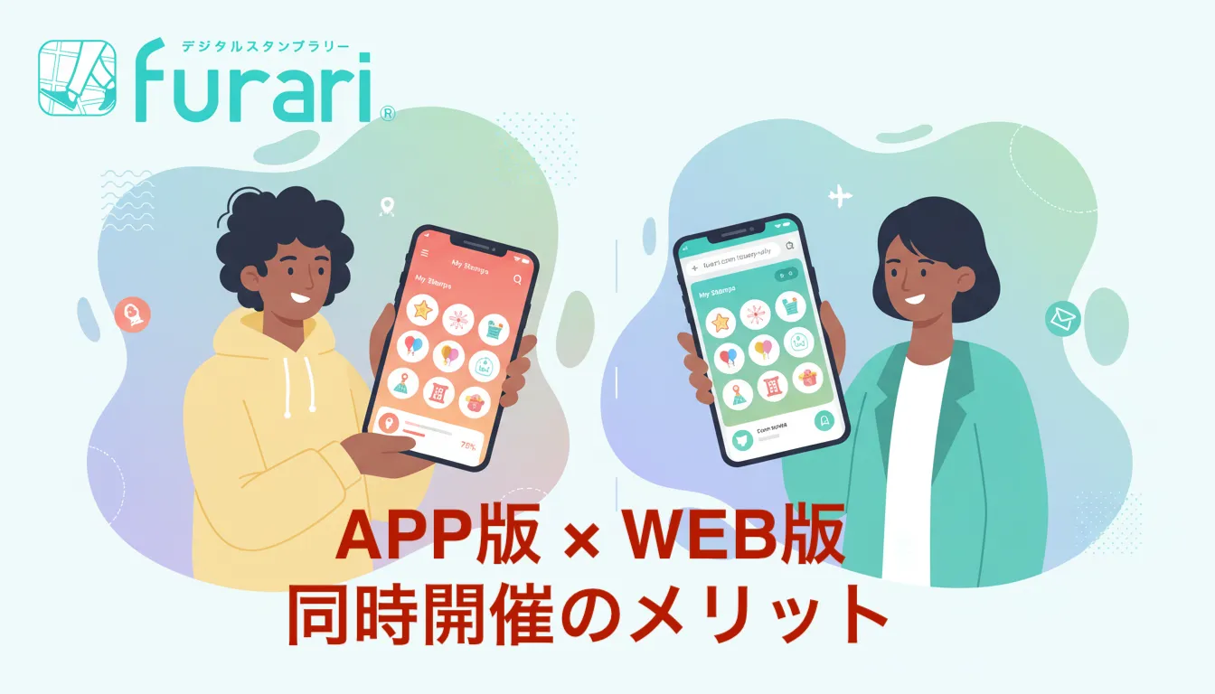 furariのデジタルスタンプラリーでAPP版とWEB版を同時開催できる特徴を示すイラスト