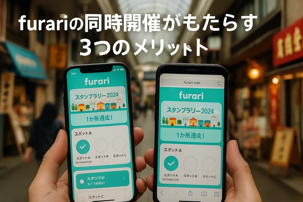 furariのアプリ版とWEB版で同じスタンプラリーに参加している様子を示したスマホ表示イメージ。ネイティブ版とブラウザ版が同一ラリーを同時開催できることを表している。