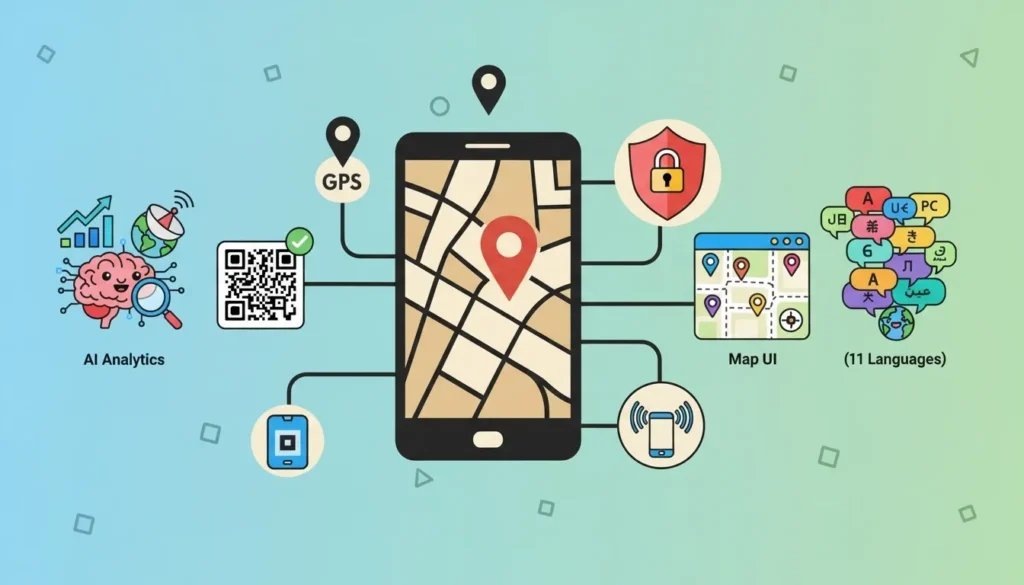 furariの主要機能(AI分析・GPSチェックイン・NFC対応・多言語型UI)をまとめたイメージ図