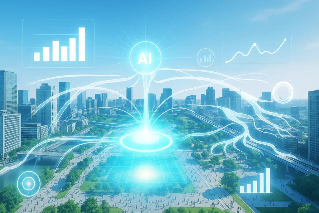 AIが都市全体の回遊データを可視化している様子を示した、スマートラリーインサイトのイメージ図。未来的な街並みの上に、白いフローラインやグラフが重なり、参加者の動きや傾向を分析する様子を表現したビジュアル。
