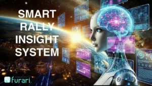furariのSMART RALLY INSIGHT SYSTEMを象徴するAI解析イメージ。地球とホログラムUIを背景に、AIロボットがデータを分析する未来的なビジュアルのアイキャッチ画像。