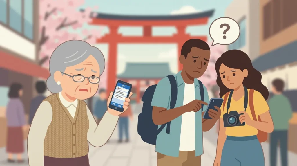 デジタルスタンプラリーのアクセシビリティ問題。小さな文字と日本語のみの画面に苦戦する高齢者と外国人観光客