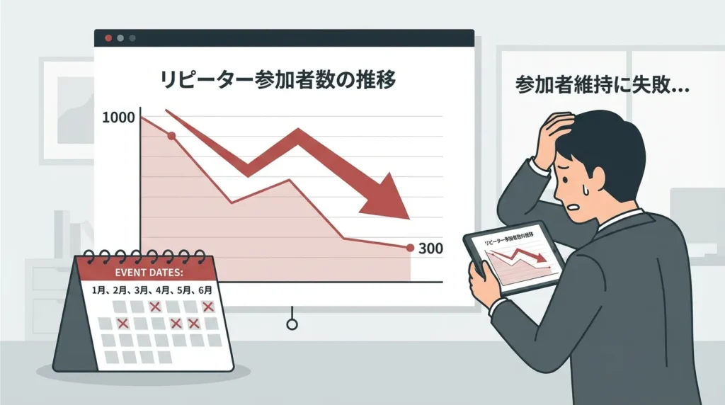 デジタルスタンプラリーのリピーター減少を示す下降グラフ。1000人から300人への急激な参加者減少を心配する運営者