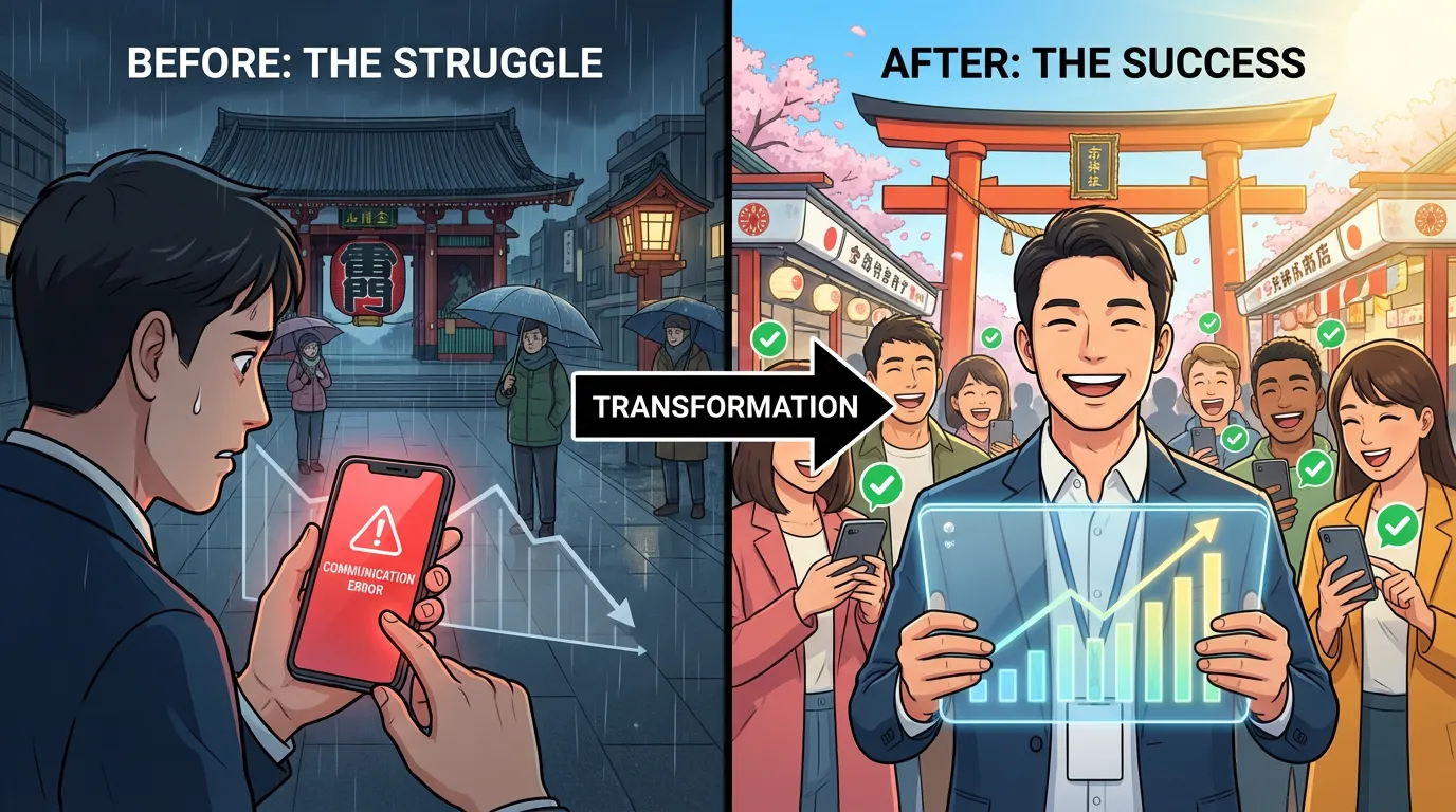 デジタルスタンプラリーの失敗から成功への転換を示す比較画像。左側は混乱した暗いイベント会場、右側は活気ある明るい会場を対比