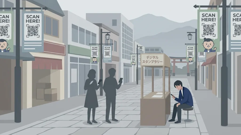 デジタルスタンプラリーの認知不足による失敗事例。閑散としたイベント会場で困惑する参加者と失望するスタッフの様子