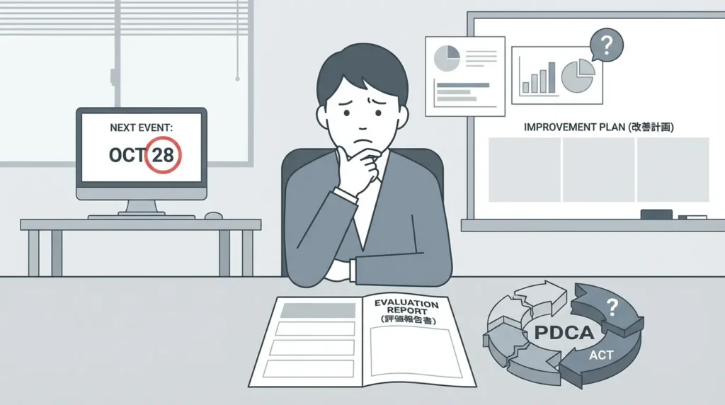 デジタルスタンプラリーの効果測定ができず次回企画が立てられない様子。データなしで困惑する企画担当者