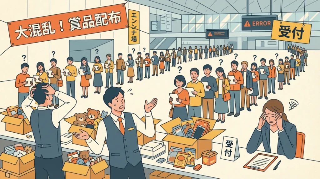 デジタルスタンプラリーの景品配布で混雑する会場。長い行列と対応に追われるスタッフ、不満そうな参加者