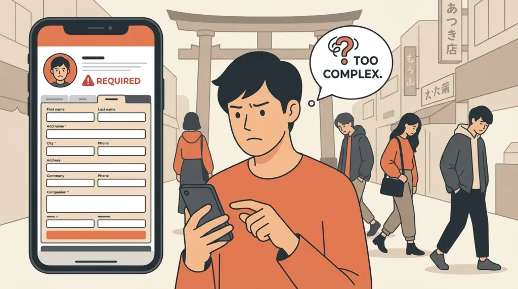 デジタルスタンプラリーの複雑な参加登録画面に困惑する参加者。スマートフォンを見つめる不安そうな表情