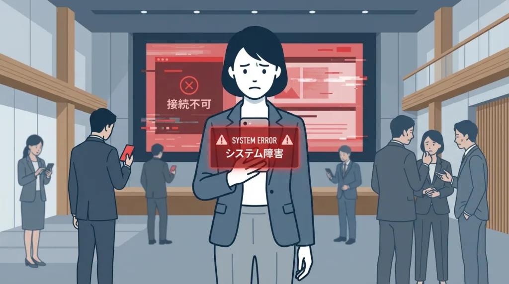 デジタルスタンプラリーのシステム障害。エラー画面を表示するスマートフォンを持つ心配そうな運営者と不安な参加者