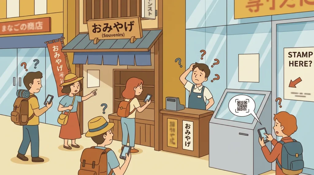 デジタルスタンプラリーのQRコード設置場所が不明瞭で困惑する参加者。観光地で場所を探し回る様子