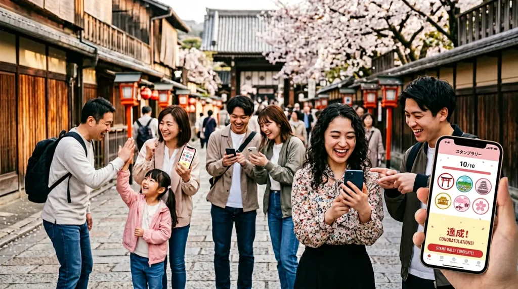 デジタルスタンプラリーに参加する人々のイメージ｜スマートフォンアプリで楽しむ観光・地域イベント