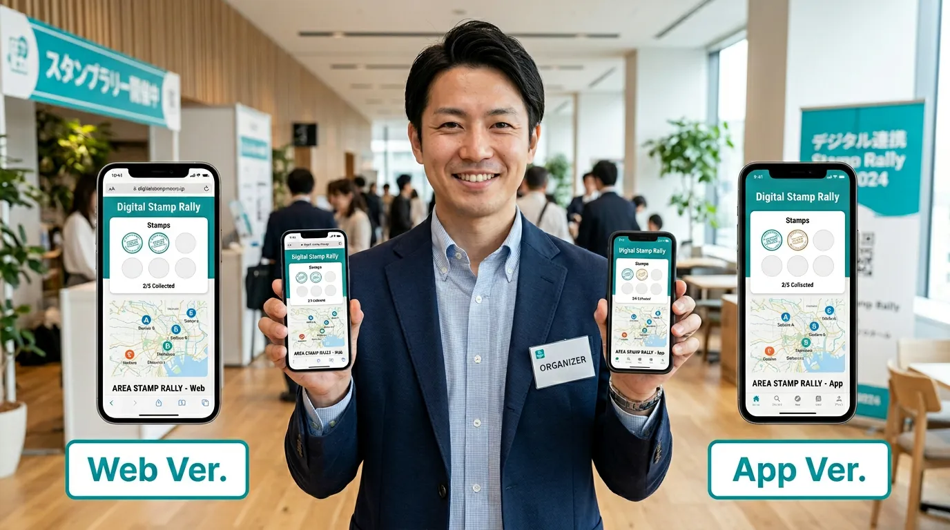 デジタルスタンプラリーのWeb Ver.とApp Ver.を両手で比較する主催者のイメージ