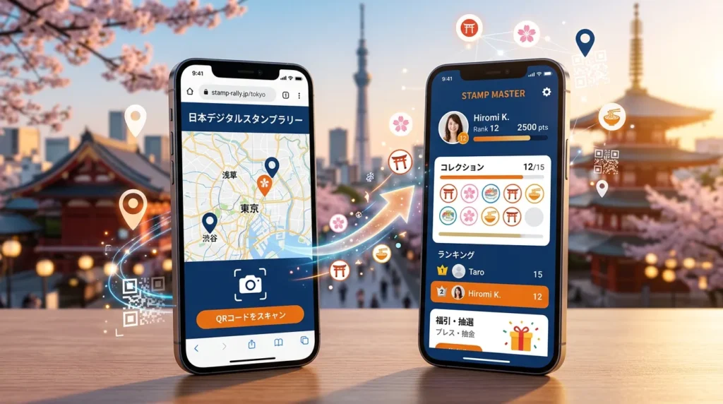 デジタルスタンプラリーのWEB版とアプリ版を同時開催するスマートフォン2台のイメージ