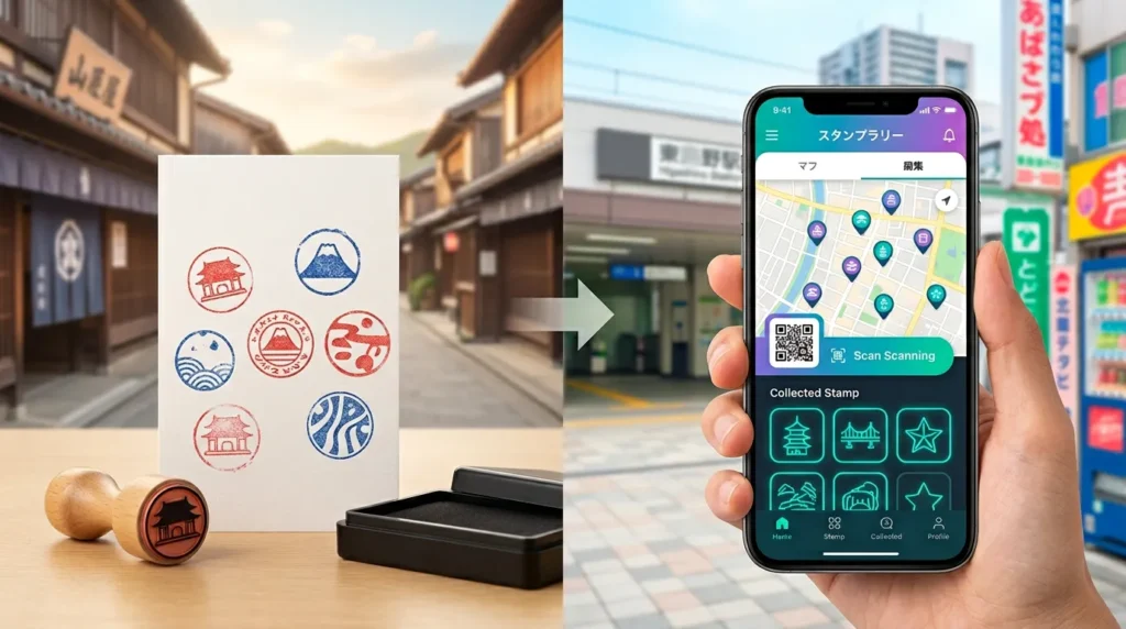 紙のスタンプカードからスマートフォンのデジタルスタンプラリーアプリへの進化を示す比較イメージ